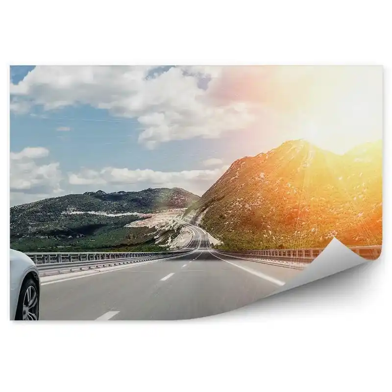 Promoție Fototapet pentru perete Mașină rapidă albă rapidă soare soare drum lung