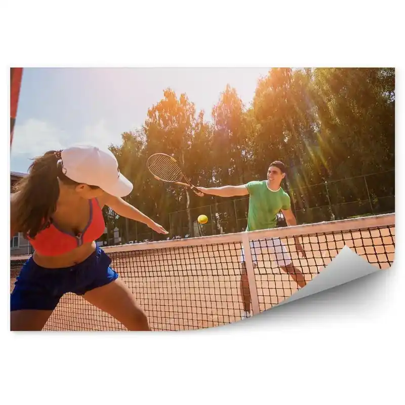 Fototapet vintage Joc de tenis cu rachete de tenis mingi plasă copac construcție Ofertă limitată
