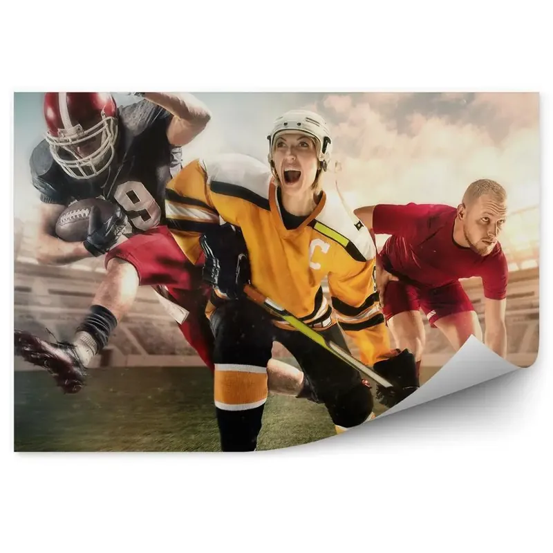Fototapet vintage Colaj de sportivi pe terenul de fotbal hochei fotbal mingea de fotbal Noutate