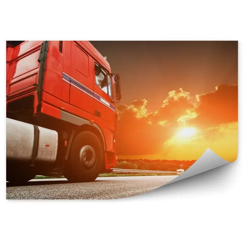 Fototapet vintage Camion roșu în fundal la apus de soare Bestseller
