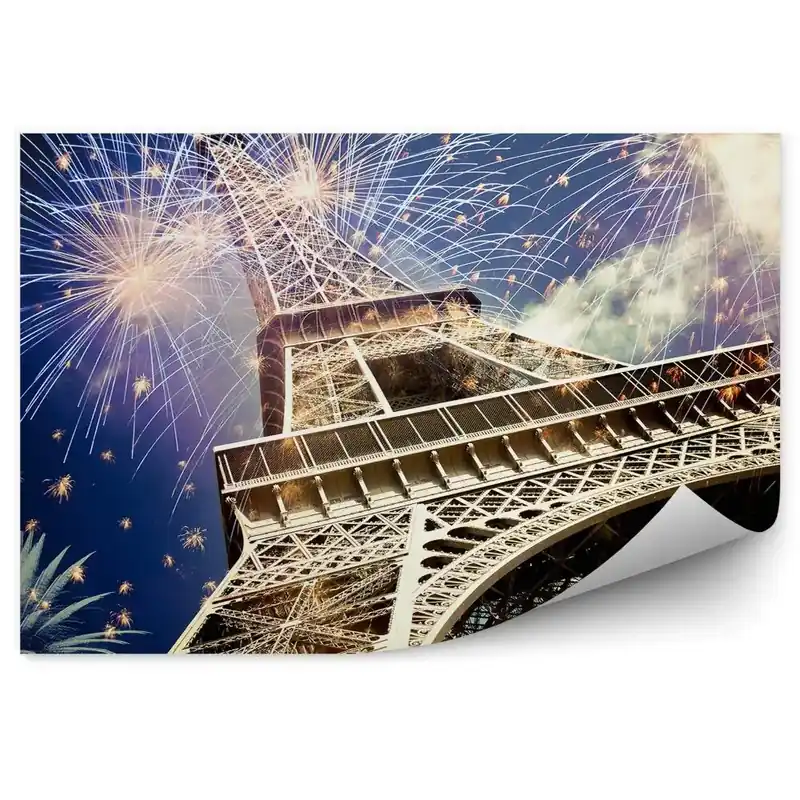 Fototapet vintage Perspectivă din partea de jos a Turnului Eiffel focuri de artificii Disponibil imediat