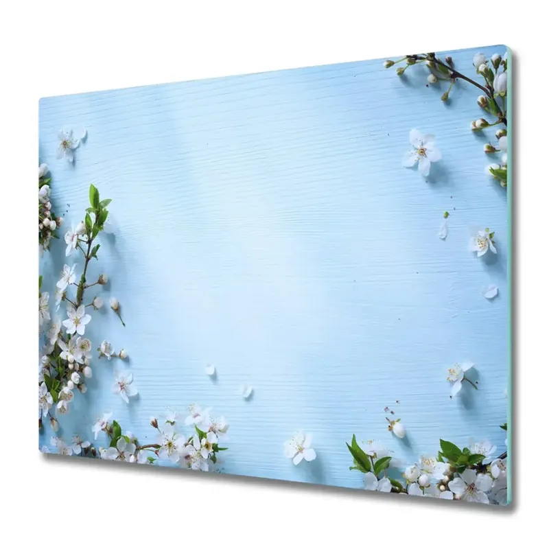 Preț mic Tocător din sticlă Flori de cireș pe fond albastru