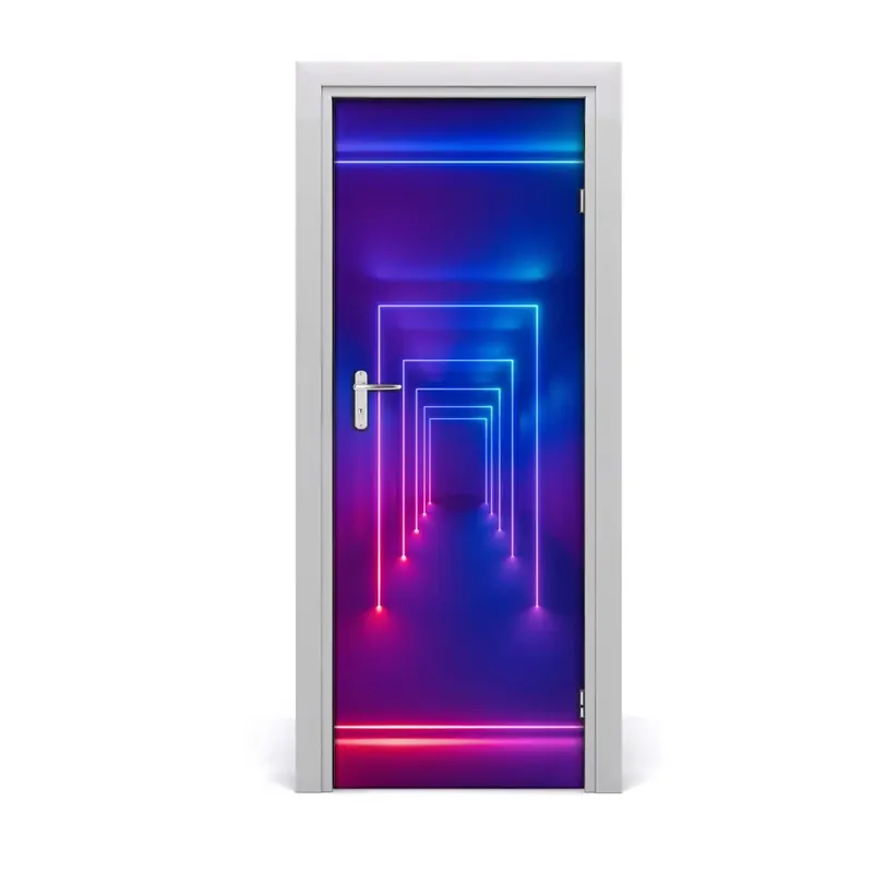 Autocolant pentru uși Coridorul cu lumini de neon albastru Disponibil imediat