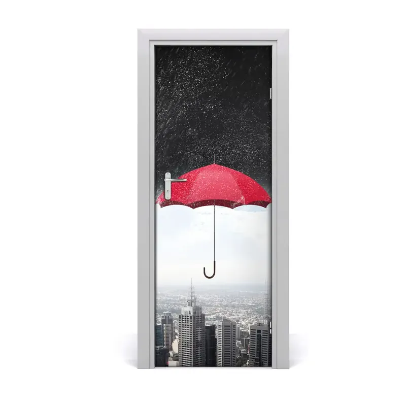 Autocolant uşă Umbrelă roșie deasupra orașului Calitate înaltă