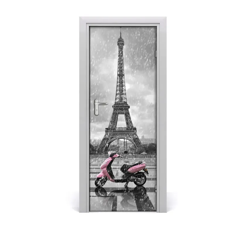 Tapet autocolant pentru uși Scooter pe fundalul Turnului Eiffel Comandă acum