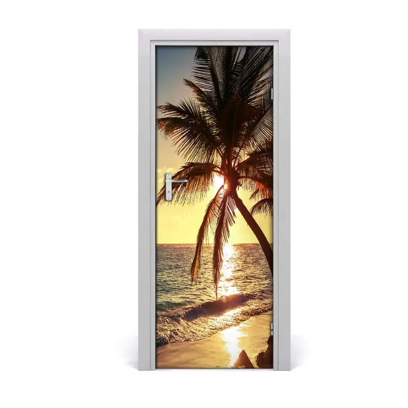 Autocolant pentru uși Apus de soare cu palmieri tropicali Preț redus