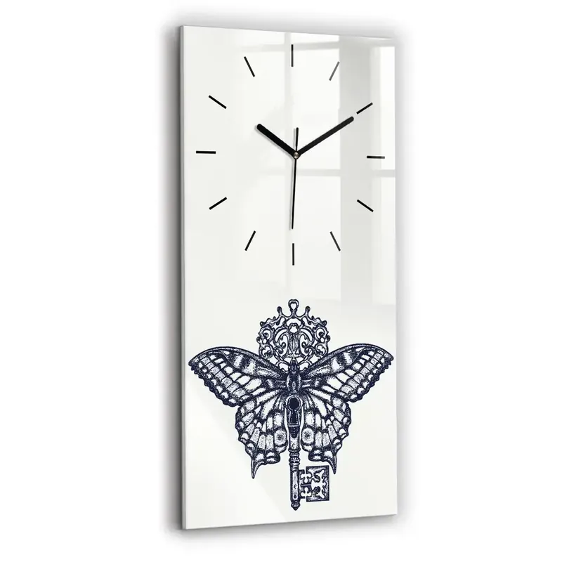 Ceas din sticlă dreptunghiular vertical Fluture și cheie - stil boho Reducere extra