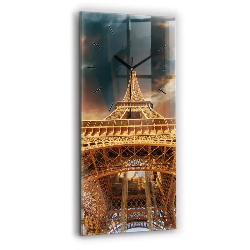 Preferatul clienților Ceas de sticlă pe perete vertical Turnul Eiffel pe fundalul norilor
