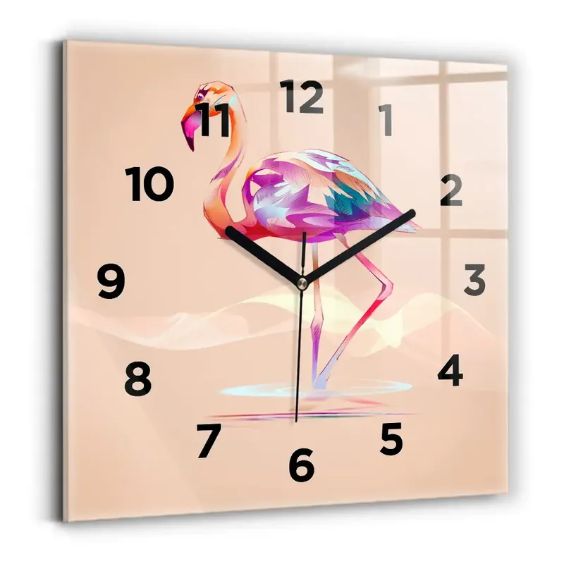 Preț redus Ceas perete din sticlă pătrat Ilustrație cu flamingo