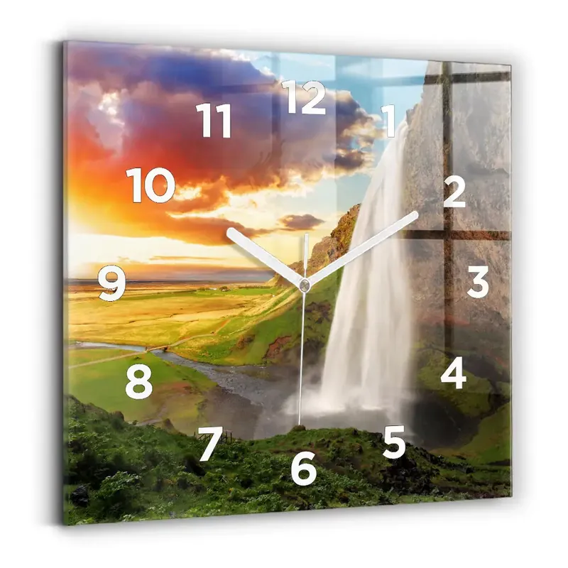 Ceas de sticlă pe perete pătrat Cascada în Islanda Preț promoțional