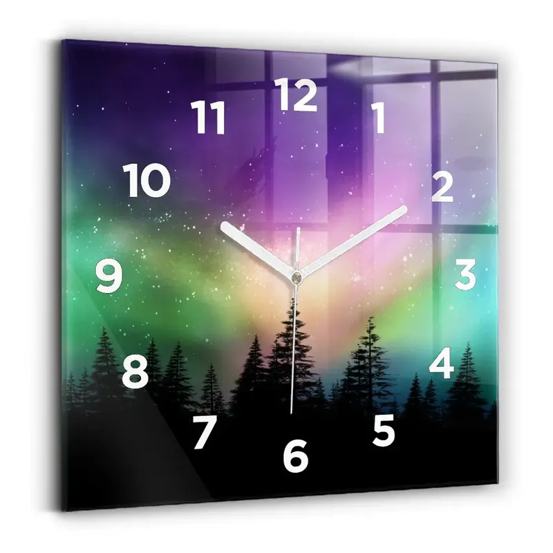 Plată sigură Ceas perete din sticlă pătrat Auroră boreală