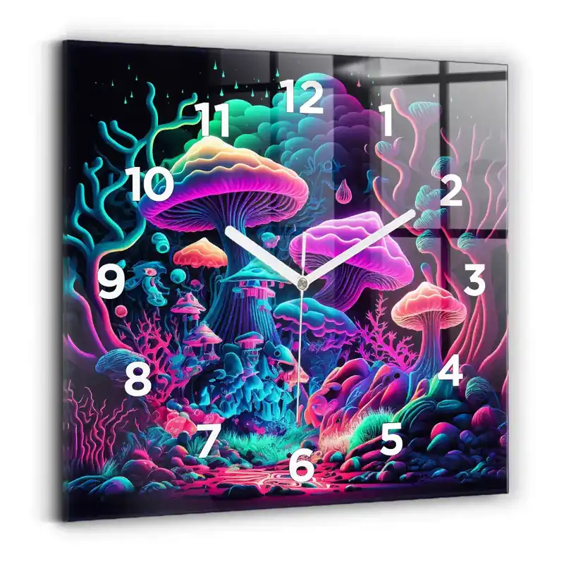 Ceas de sticlă pe perete pătrat Ciuperci neon Premium