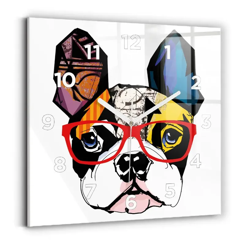 Super ofertă Ceas pătrat de perete din sticlă Bulldog francez cu ochelari
