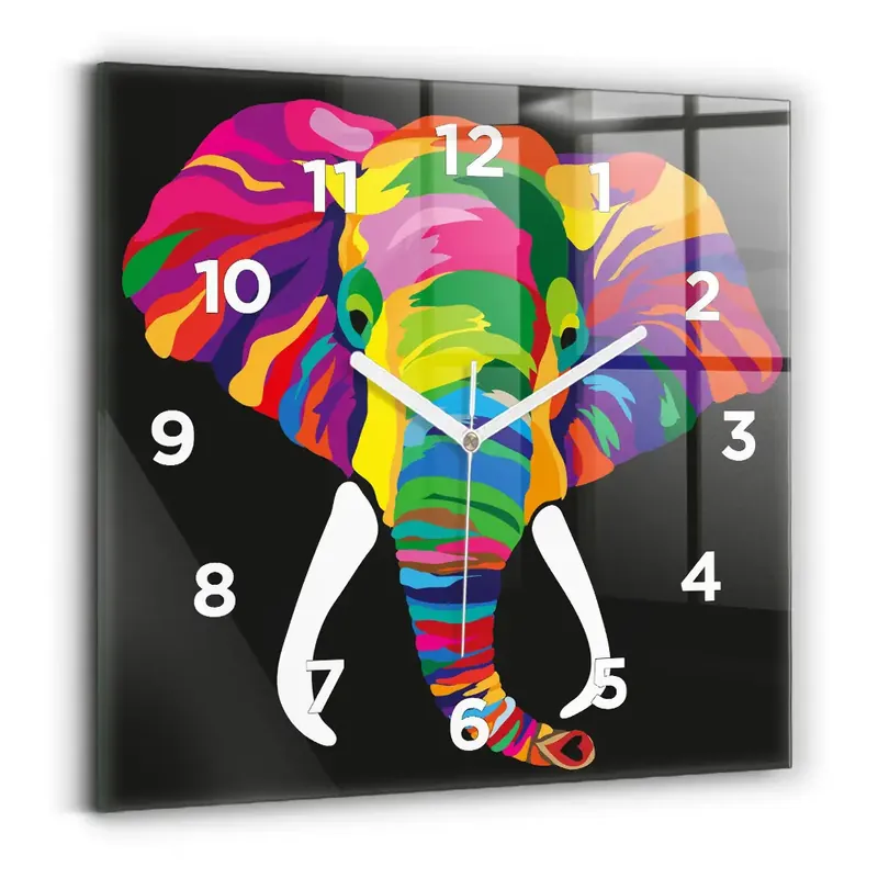 Preț mic Ceas de sticlă pe perete pătrat Elefant colorat
