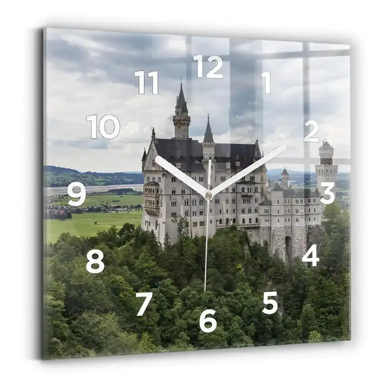 Ceas perete din sticlă pătrat Castelul Neuschwanstein Reducere