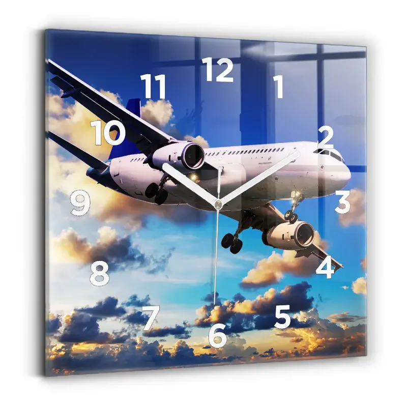 Ceas perete din sticlă pătrat Avion în nori Reducere