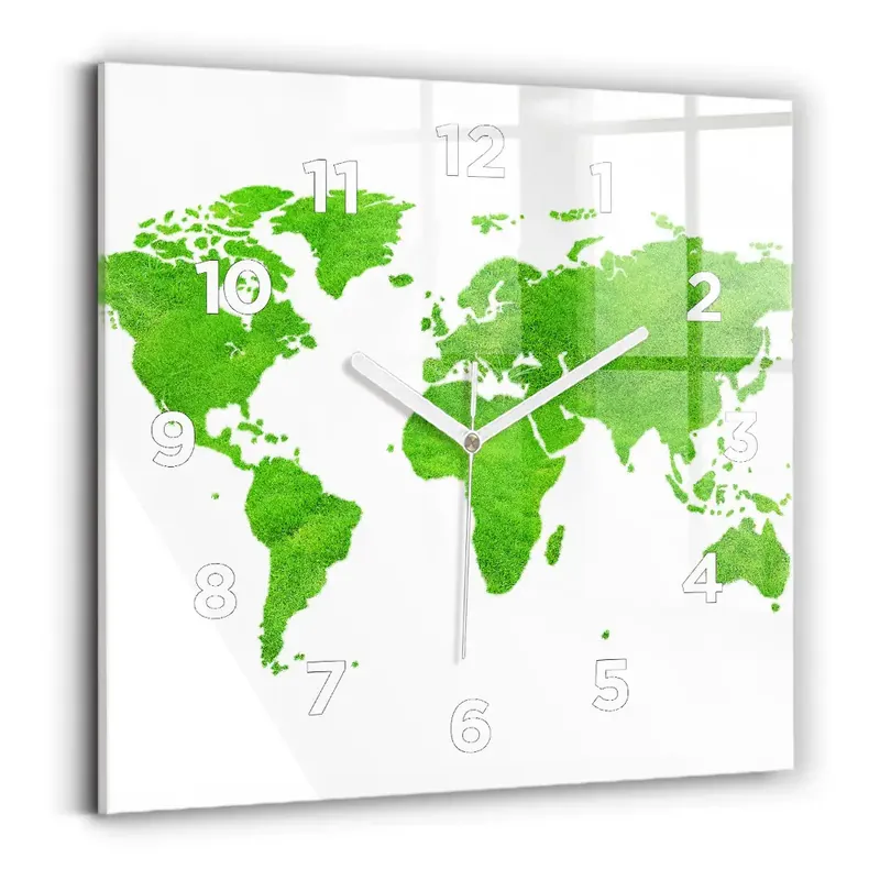 Ceas perete din sticlă pătrat Harta cu iarba verde Reducere extra