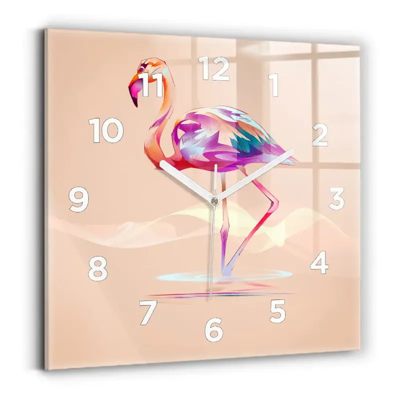 Livrare expres Ceas perete din sticlă pătrat Ilustrație cu flamingo