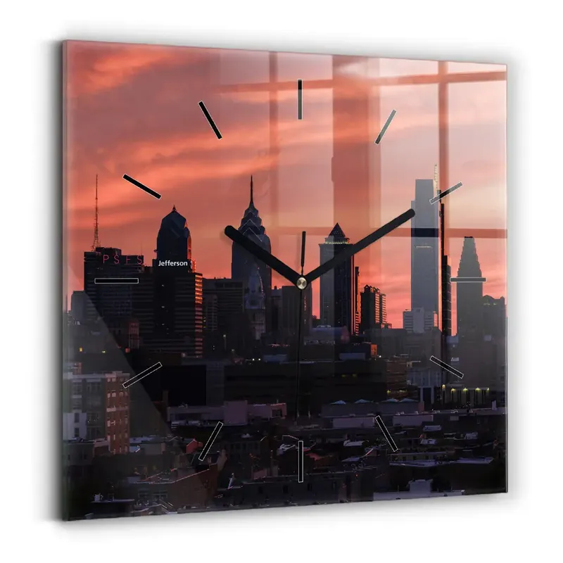 Ceas pătrat de perete din sticlă Orizontul orașului Philadelphia Ofertă