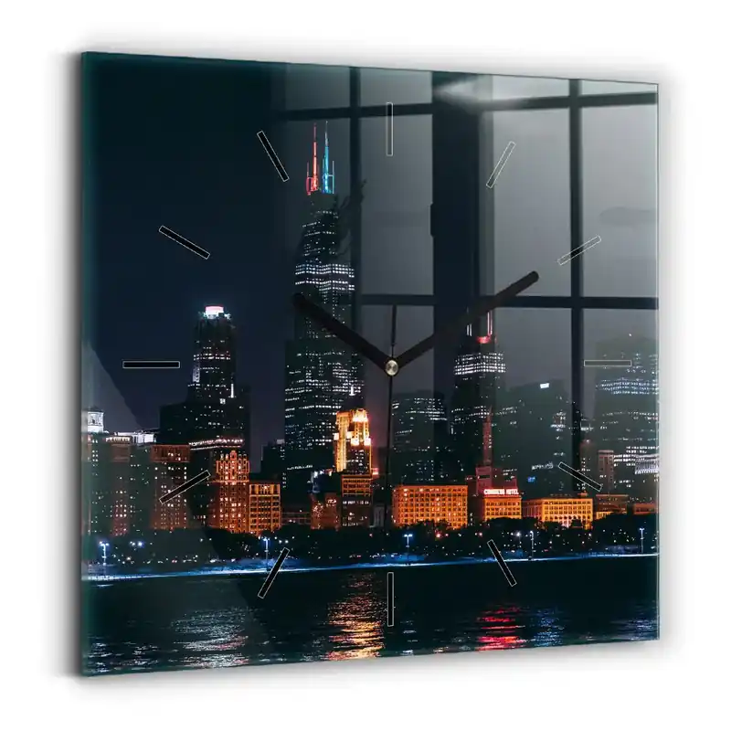 Cumpără acum Ceas perete din sticlă pătrat Peisajul urban din Chicago