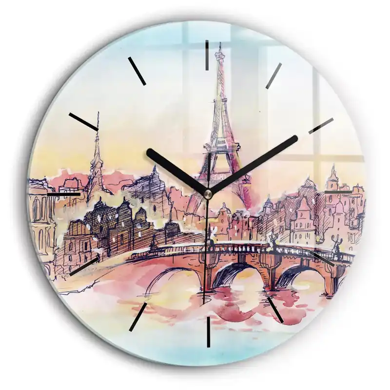 Ceas de sticlă pe perete rotund Peisaj pictat din Paris Bestseller