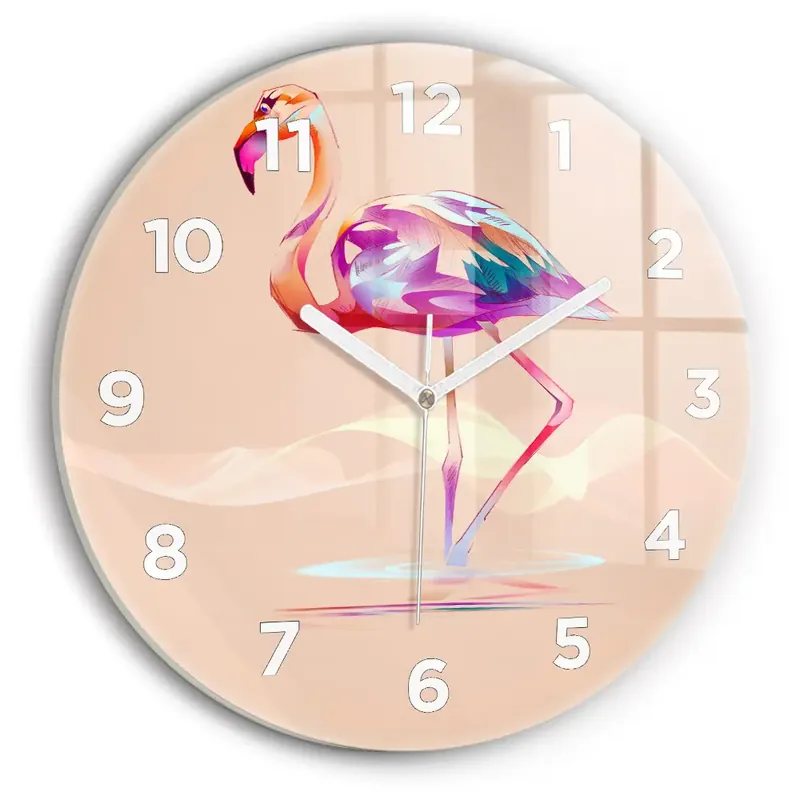 Bestseller Ceas perete din sticlă rotund Ilustrație cu flamingo