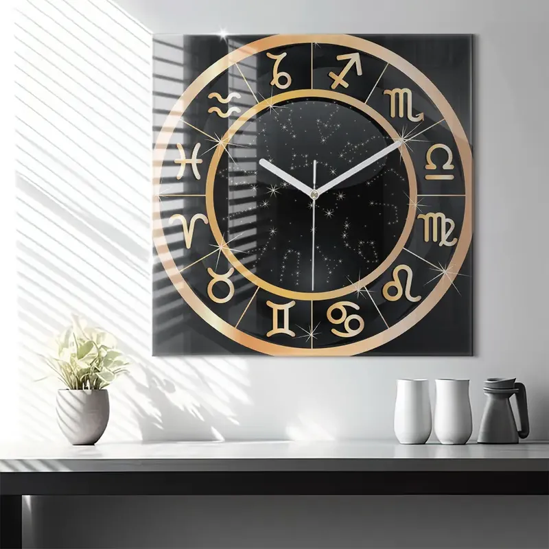 Discount Ceas pătrat de perete din sticlă Semnul zodiacal negru