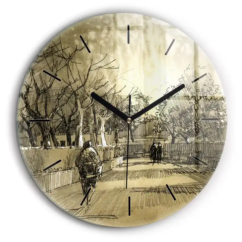 Ceas rotund de perete din sticlă Parc și copaci în sepia Ofertă