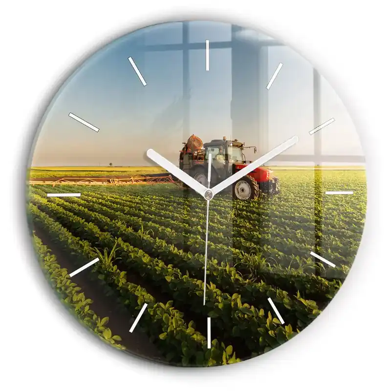 Ceas rotund de perete din sticlă Tractor într-un câmp agricol Preț redus