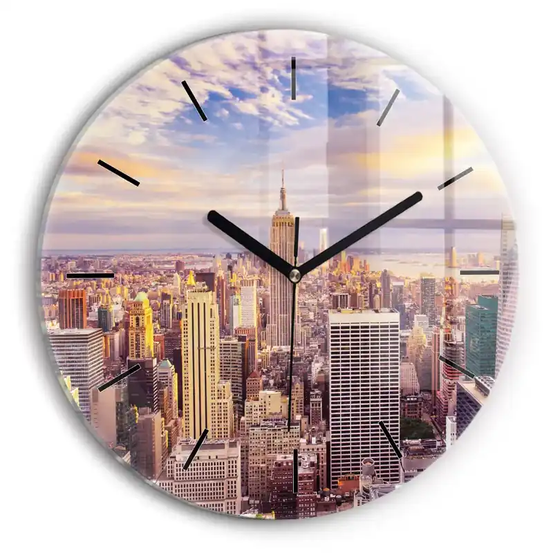 Ofertă exclusivă Apus de soare New York Ceas perete din sticlă rotund
