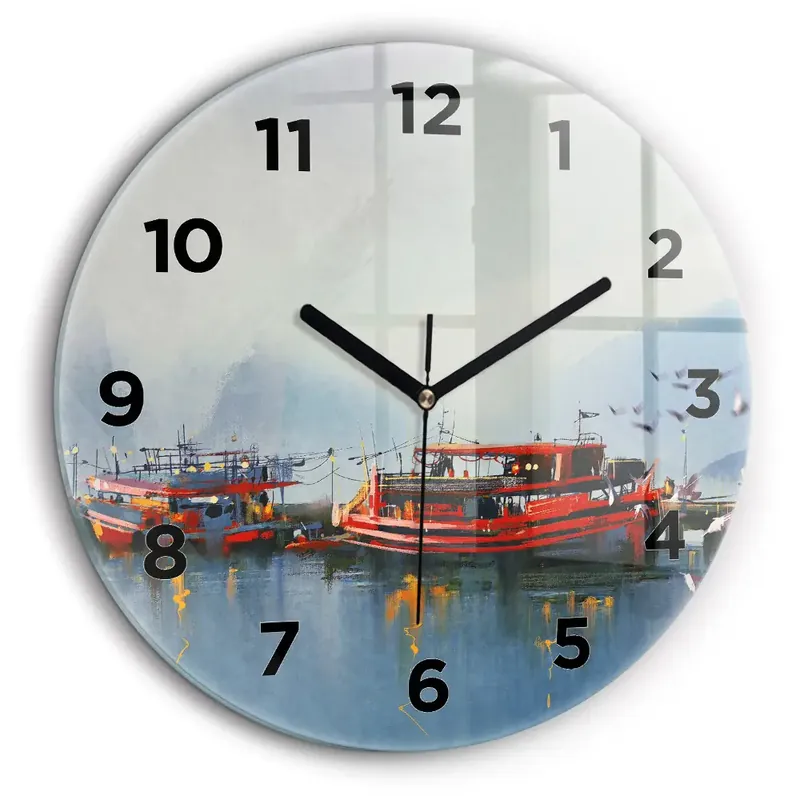 Ofertă specială Barcă de pescuit în port Ceas rotund de perete din sticlă