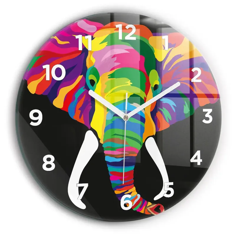 Ofertă specială Ceas de sticlă pe perete rotund Elefant colorat