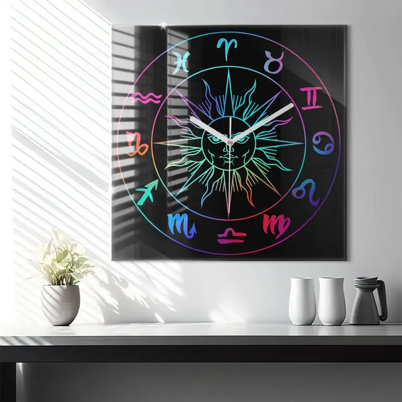 Ceas pătrat de perete din sticlă Semne zodiacale colorate Popular