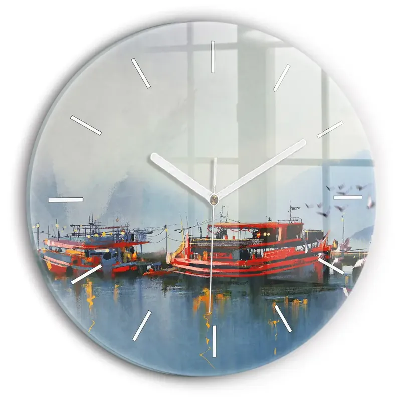 Reducere Ceas rotund de perete din sticlă Barcă de pescuit în port