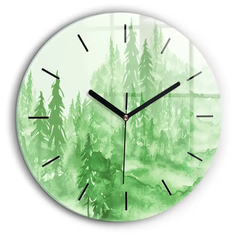 Ceas rotund de perete din sticlă Pictură verde de pădure Reduceri