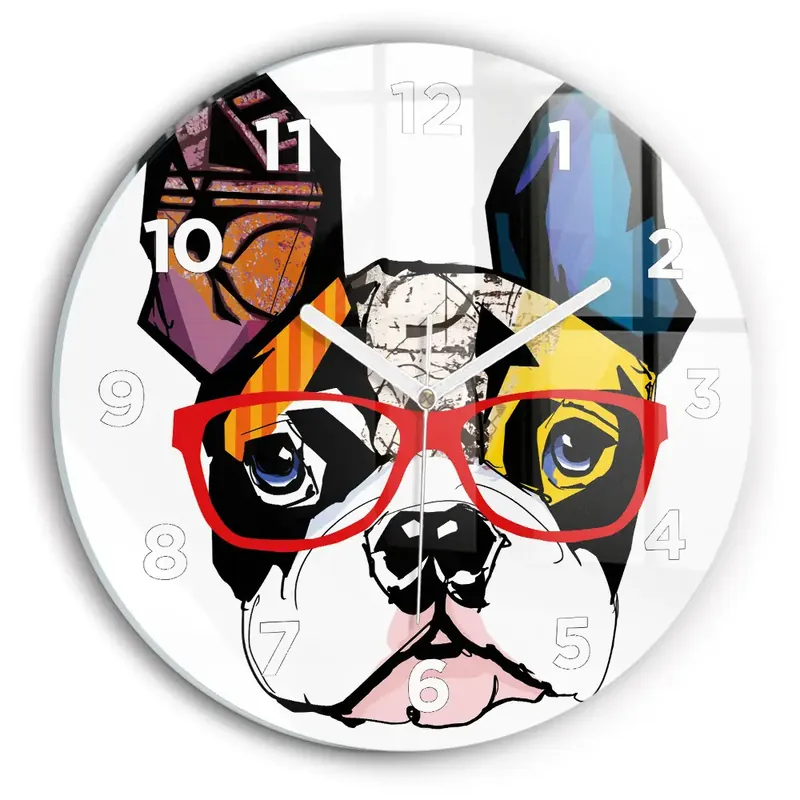 Plată sigură Ceas rotund de perete din sticlă Bulldog francez cu ochelari