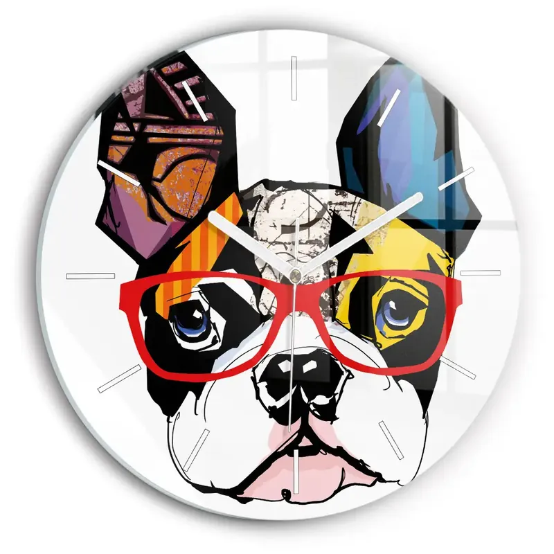Reducere Ceas rotund de perete din sticlă Bulldog francez cu ochelari