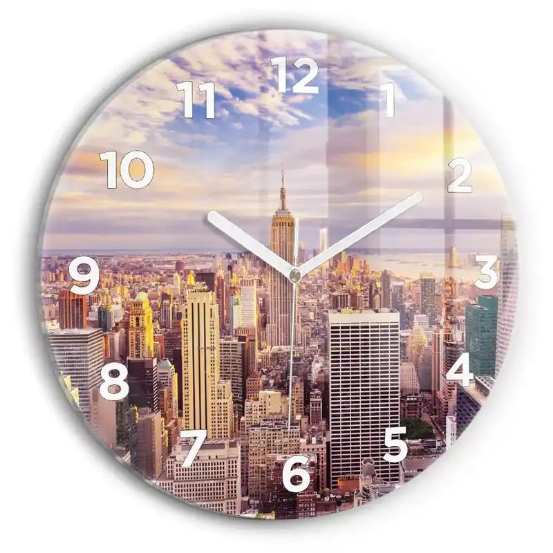Ceas perete din sticlă rotund Apus de soare New York Preț promoțional