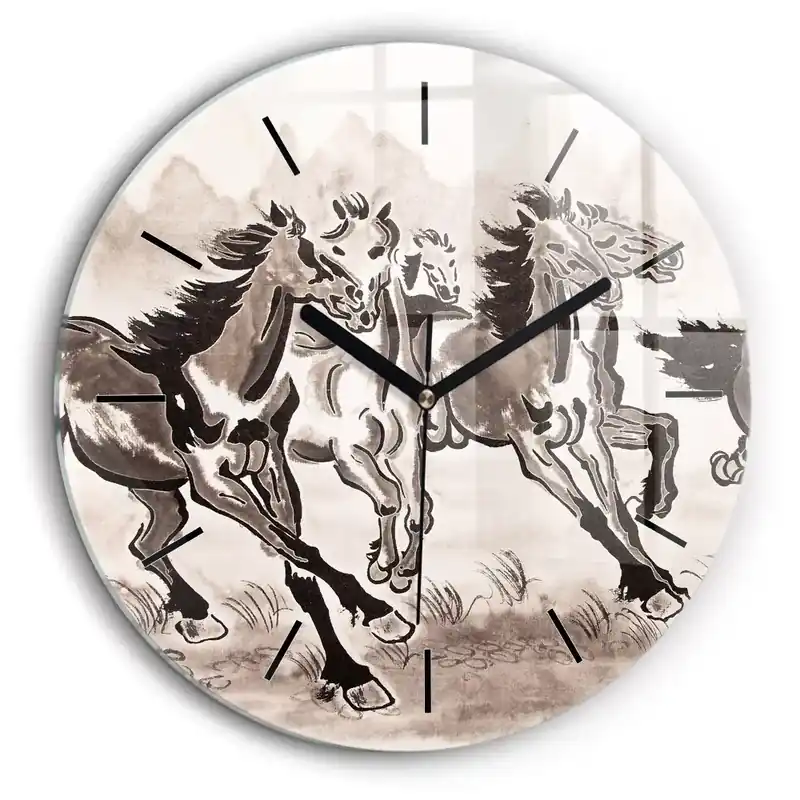 Livrare rapidă Ceas de sticlă pe perete rotund Cai în galop