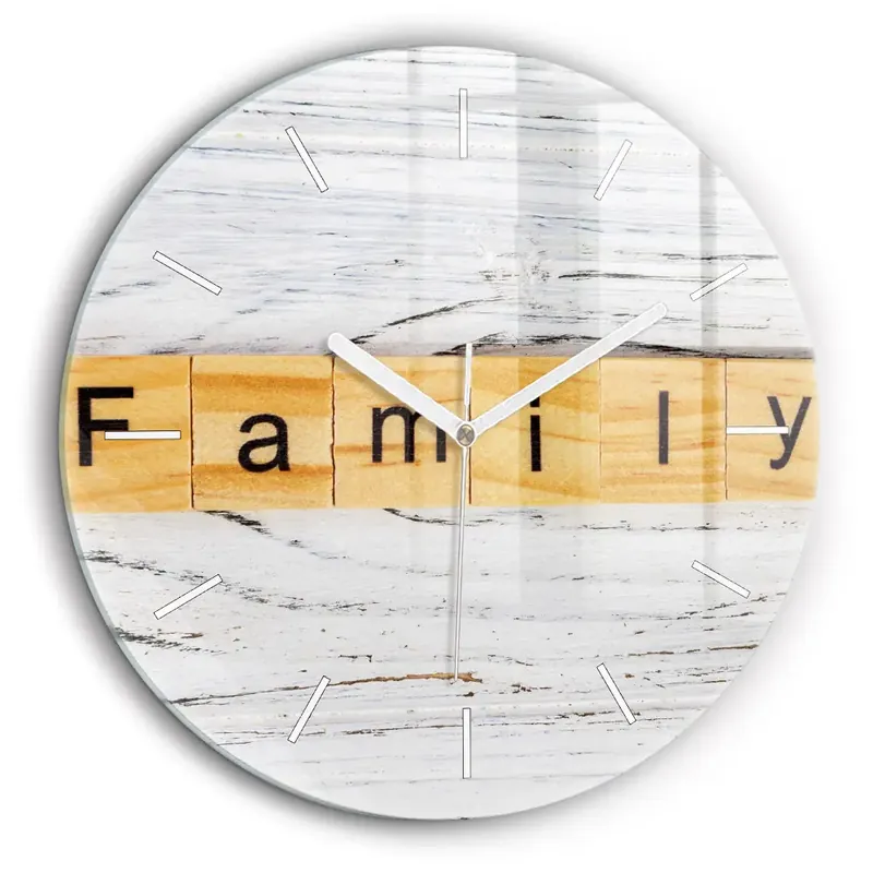 Ceas de sticlă pe perete rotund Inscripția Familie Reducere
