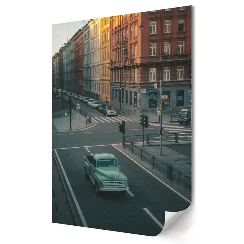 Poster decorativ cu mașină verde pe o stradă din oraș Promoție