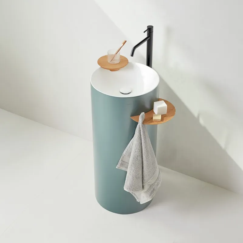 Comandă acum Lavoar freestanding Sanycces Circo Joy verde mat cu sapuniera si raft din lemn