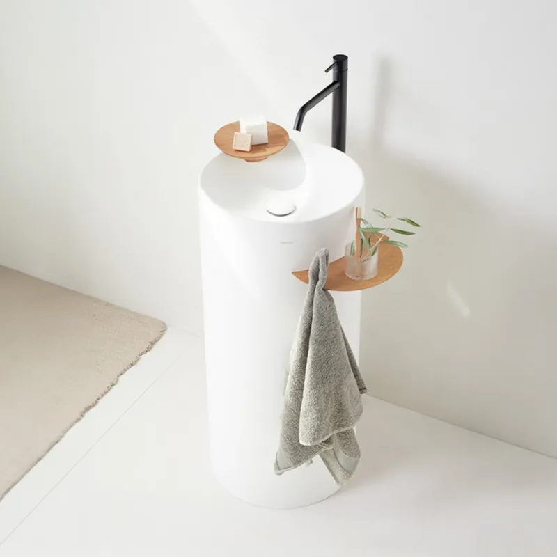 Lavoar freestanding Sanycces Circo Joy alb mat cu sapuniera si raft din lemn Ultima șansă