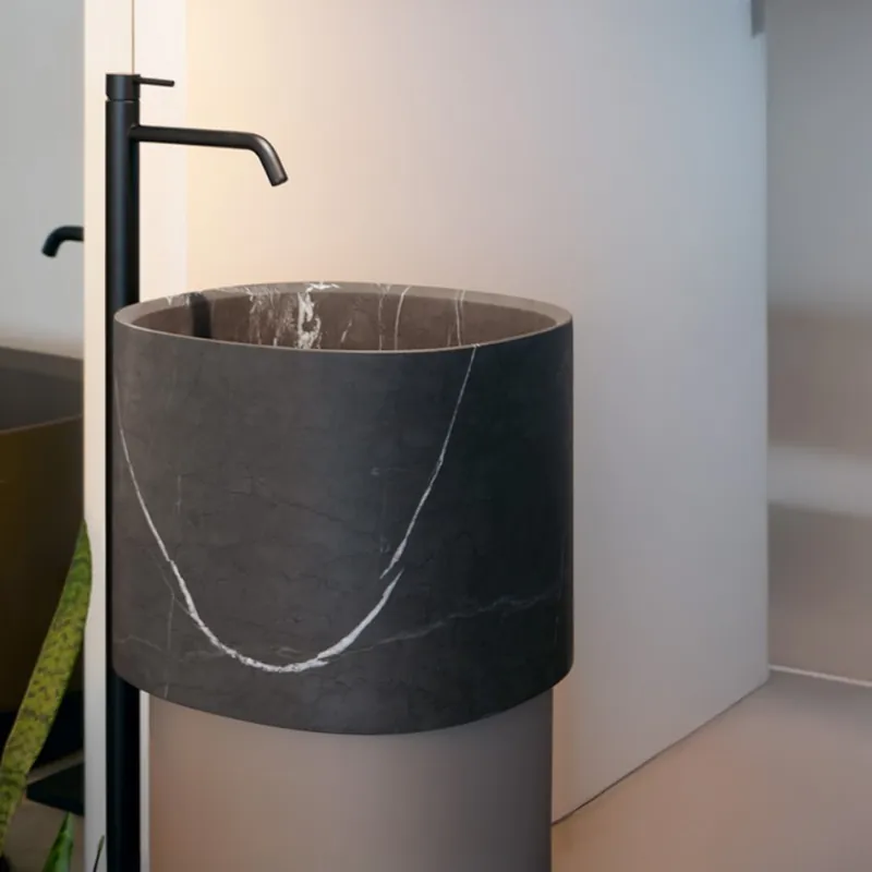 Reducere specială Lavoar freestanding Sanycces Oasis piatra naturala gri cu semi-piedestal maro