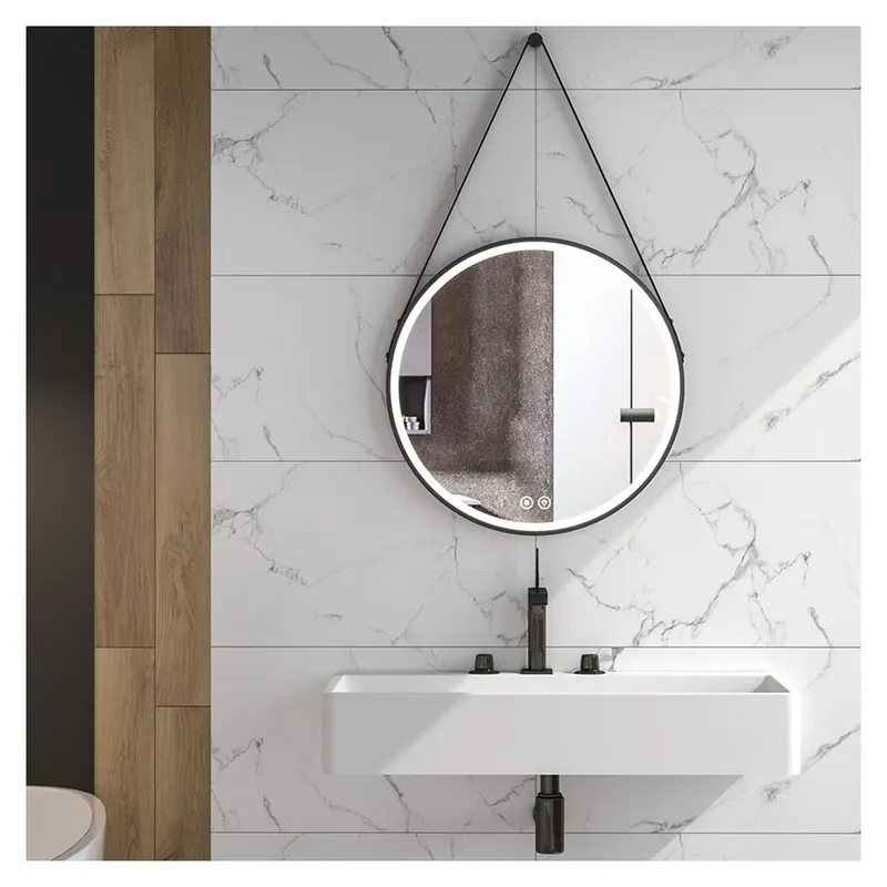 Oglinda LED rotunda Fluminia Mona 60 cm cu dezaburire si margine din piele neagra Plată securizată