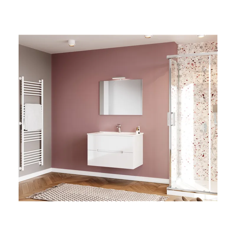 Reducere de preț Set baza lavoar Savinidue Iris 80 cm cu lavoar, oglinda si lampa, alb