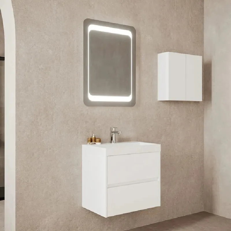 Set Mobilier Fluminia Fiori 60cm suspendat cu sertare soft close, alb + lavoar 60 compozit Chilipir