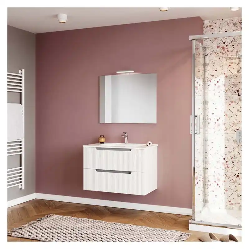 Set Mobilier Fluminia Malta 80cm suspendat cu sertare soft close, alb lucios + lavoar 80 slim Retur ușor