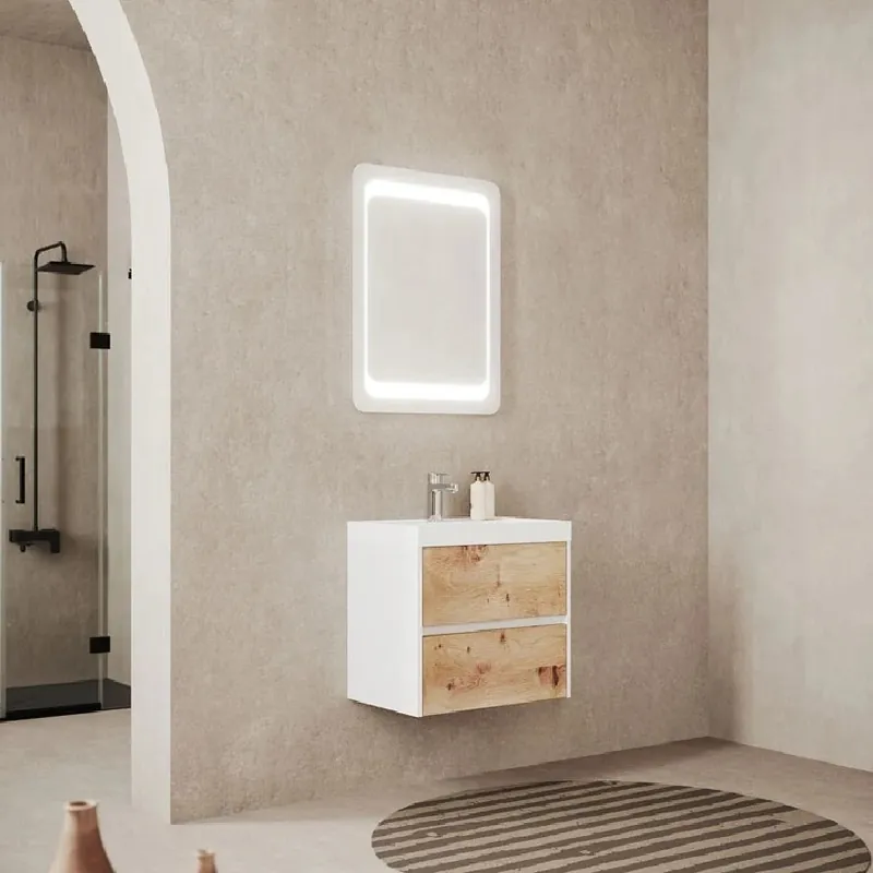 Set Mobilier Fluminia Fiori 60cm suspendat cu sertare soft close, alb+stejar auriu + lavoar 60 compozit Reduceri
