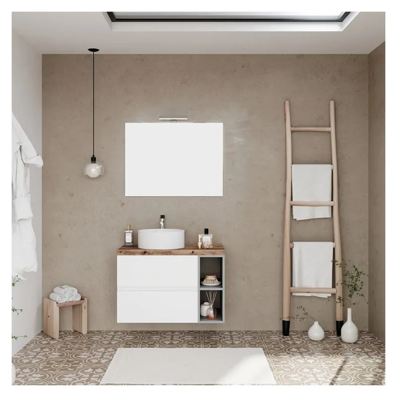 Comandă acum Set Mobilier Fluminia Genova 80cm suspendat cu sertare soft close, alb+lemn